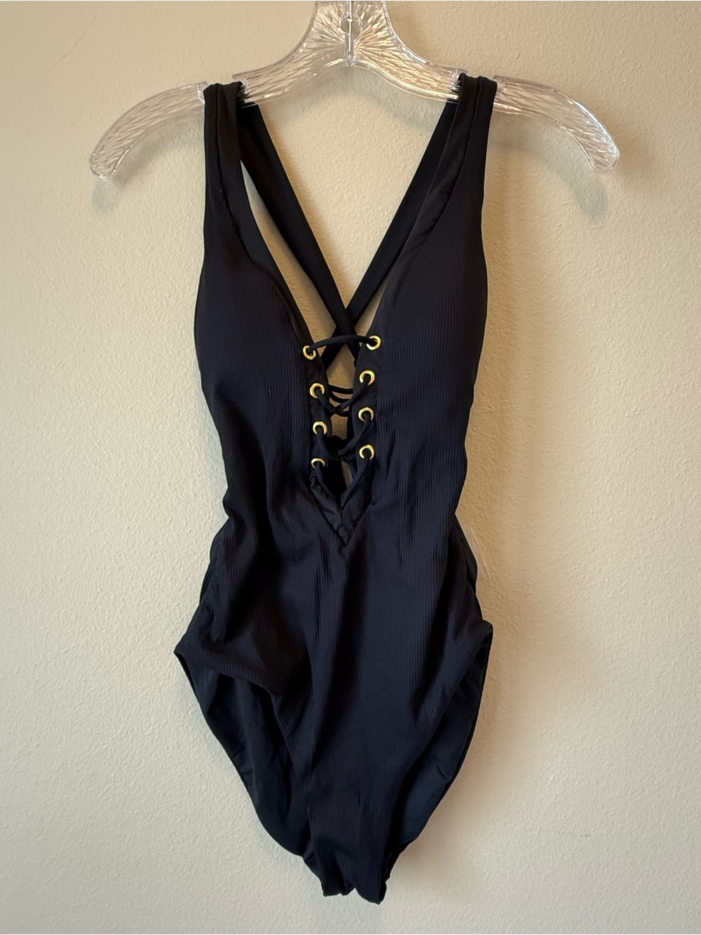 NWOT BECCA Modern Edge Ribbed Grommet One Piece Lace-Up Plunge Swimsuit Size Sm - Picture 3 of 12